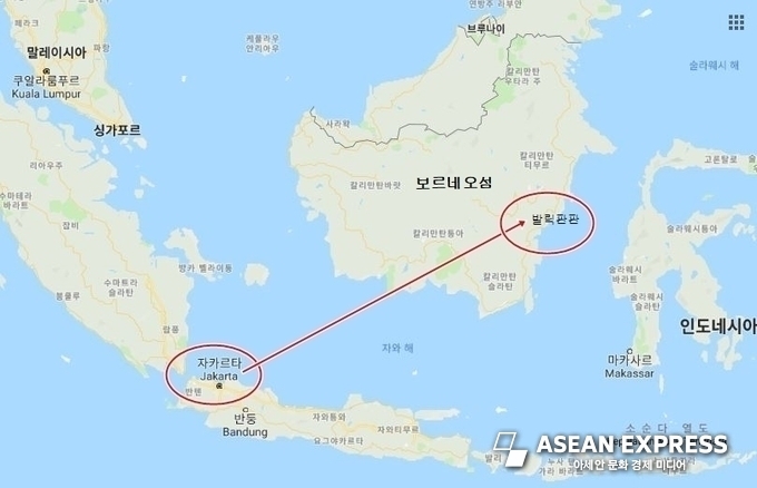 수도 이전 예정지인 깔리만딴섬(보르네오섬)의 발릭빠빤 인근 지역. 사진=구굴지도