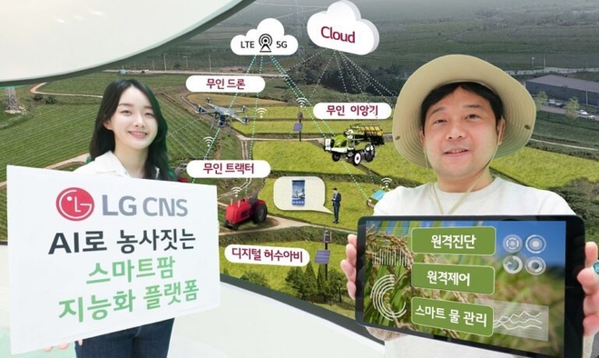LG CNS 직원들이 스마트팜 지능화 플랫폼을 소개하고 있다. / 사진=LG CNS 제공