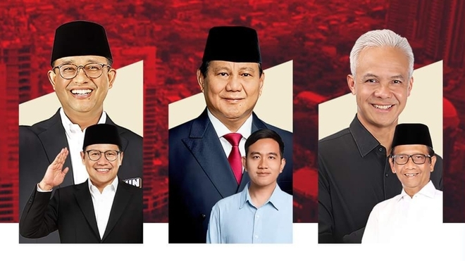 2024년 인도네시아 대선 후보. 왼쪽부터 아니스 바스웨단, 쁘라보워 수비안또, 간자르 쁘라노워,