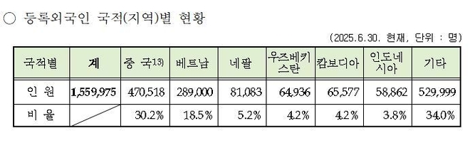 등록 외국인의 국적별 현황. 사진=법무부 출입국외국인정책본부