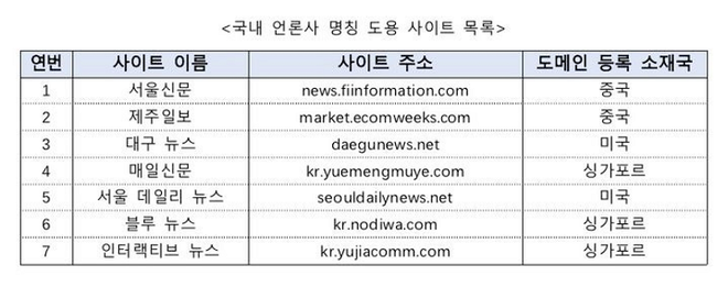 국내 언론사 명칭 도용 사이트 목록/사진=국가정보원 제공