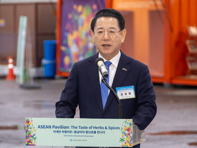 김영록 전라남도지사가 ‘2025 남도국제미식산업박람회’의 ‘아세안 파빌리온’ 개막식에서 축사를 전하고 있다. 사진=한-아세안센터